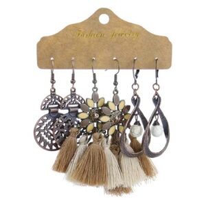 Boho 3 Pairs/Set brown Gypsy Earrings Tassle Vintage Hook Drop Dangle Tan Retro